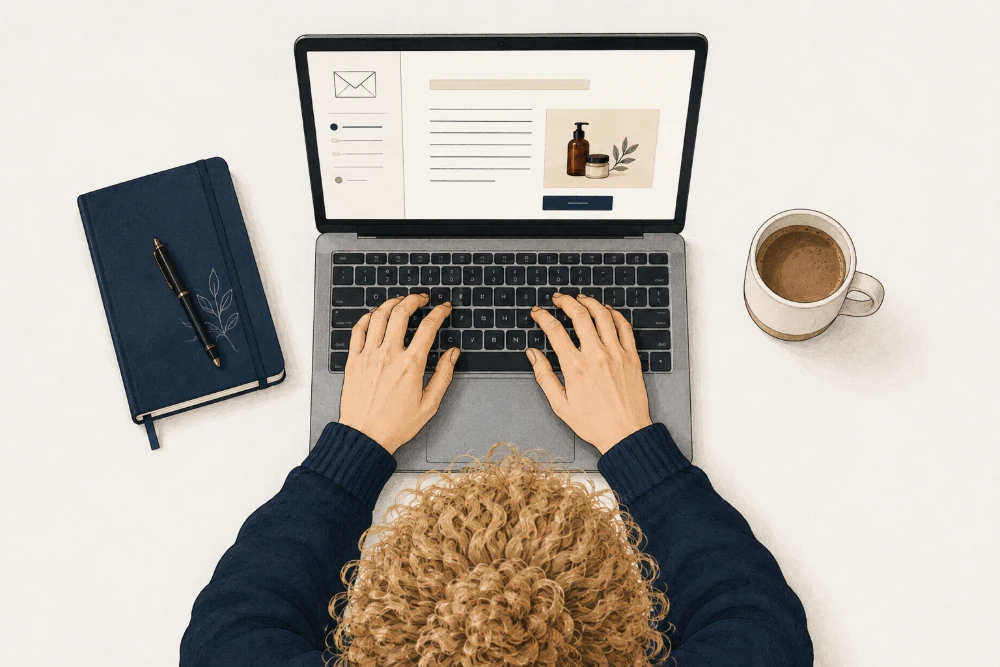Overhead view of Josefin at a laptop with an email campaign open on screen, notebook and coffee beside her.