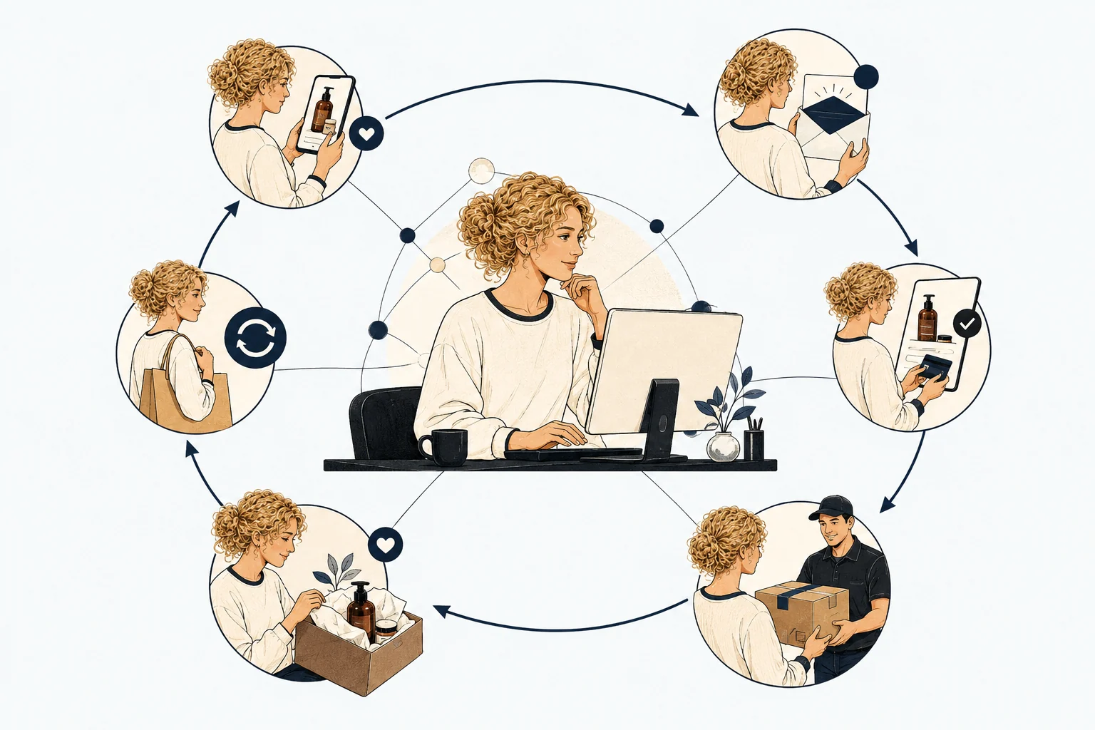 A retention loop: a customer browses, receives an email, buys, gets the order delivered, unboxes it, and returns to buy again, all managed from one place.
