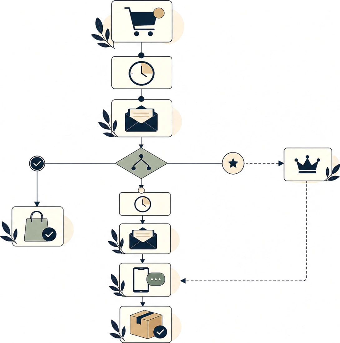 A flow diagram: a customer adds to cart, a timed email sends, and the path branches to a purchase, a follow-up SMS, or a win-back message.