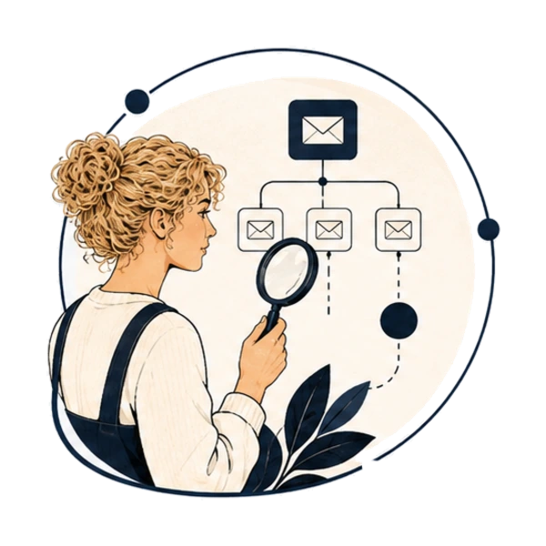 Josefin auditing existing email flows with a magnifying glass.
